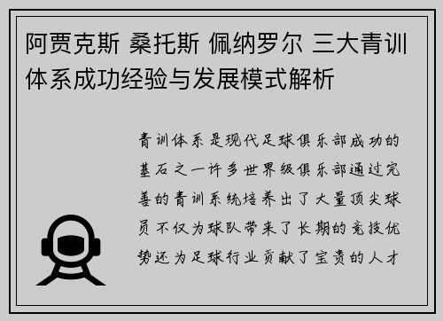 阿贾克斯 桑托斯 佩纳罗尔 三大青训体系成功经验与发展模式解析 阿贾克斯 桑托斯 佩纳罗尔 三大青训体系成功经验与发展模式解析